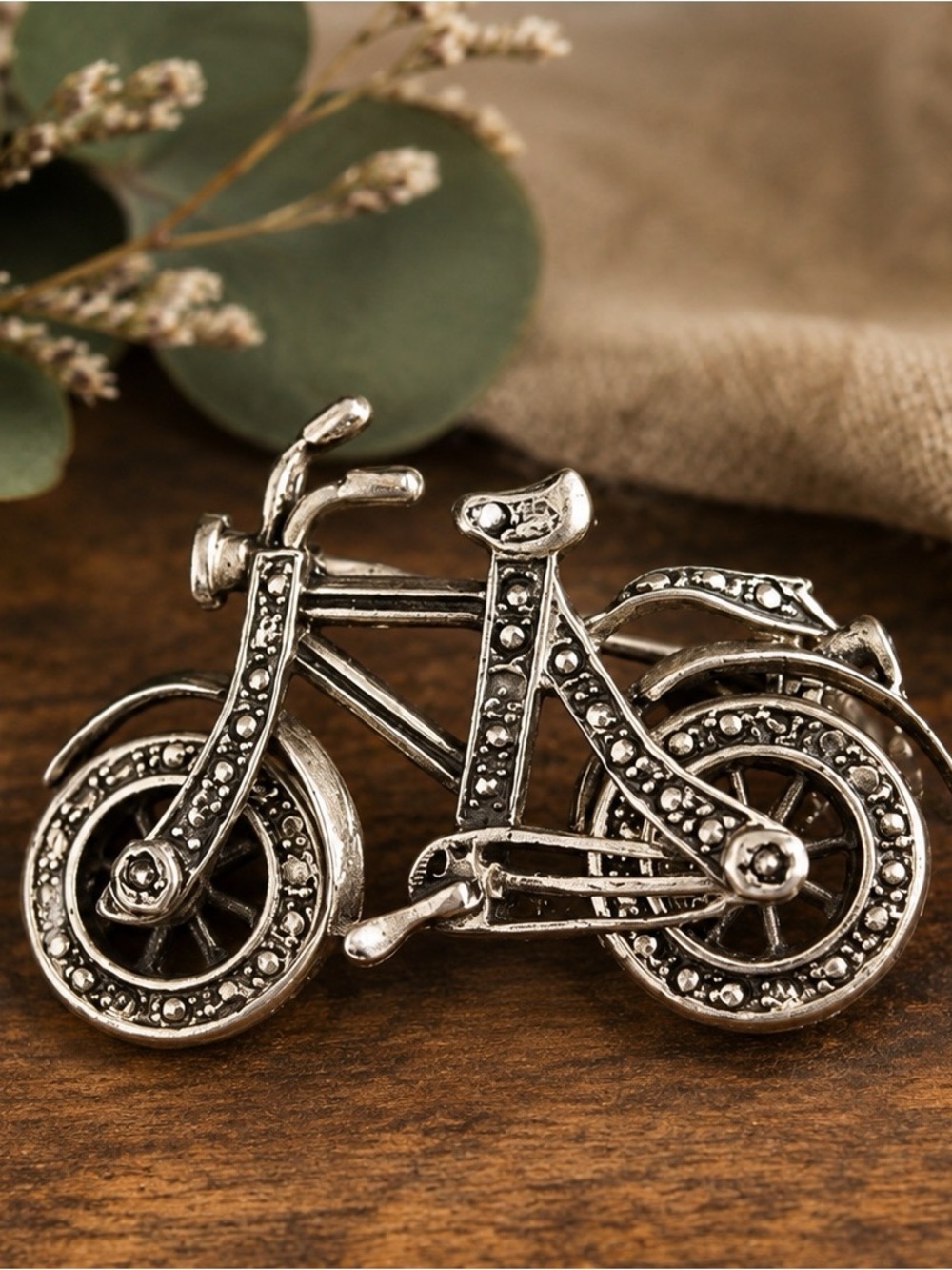 Silver Bicycle Brooch with Studded Detailing